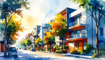 Fototapeta premium Affordable Housing Solutions Watercolor Style. Urban street scene with colorful buildings and lush trees.
