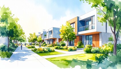 Affordable Housing Solutions Watercolor Style. Modern residential street with greenery and contemporary houses.