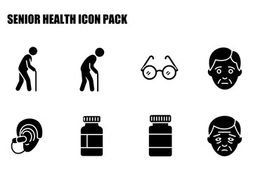 Senior health icons with various aids and support. Silhouette illustrations of older adults using assistive devices and medication.