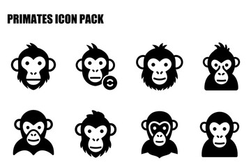 Primate icons in a simple, flat design. Various monkey head silhouettes presented against a plain white background.