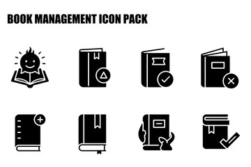 Book management icons set with various actions for different purposes. Simple, flat vector illustrations for use in educational or organizational applications.
