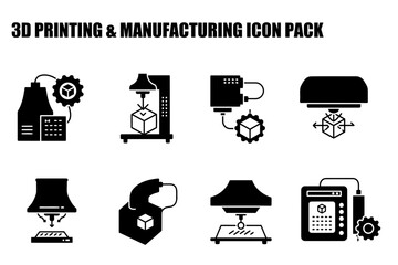 3D printing and manufacturing icons in various stages of the process. Simplified illustrations of 3D printers, control panels, and output display, in a black and white style.