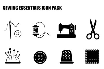 Sewing essentials icons in a graphic design format. Simple, black and white illustrations of tools and supplies for crafting.