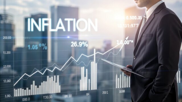 A businessman analyzes rising inflation data through digital charts and graphs displayed over a cityscape background.