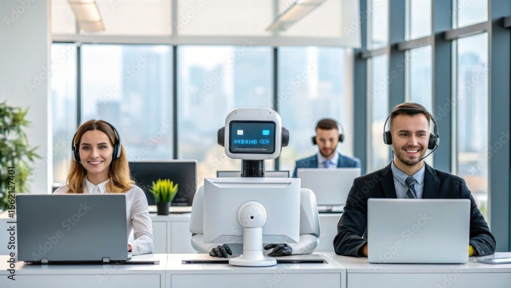 Poster a modern office scene with two smiling customer service agents and a friendly robot assistant, all w