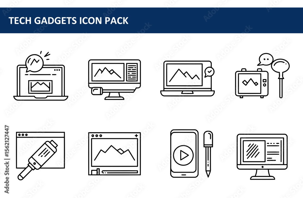 Poster line art icons of various tech gadgets in a simple, modern design. collection of technology devices 