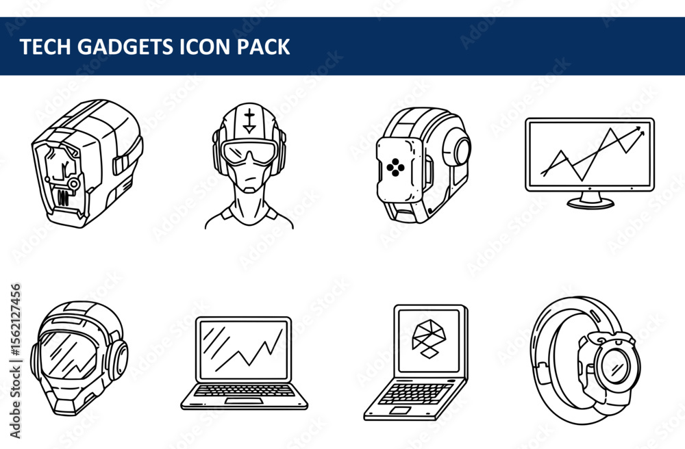 Poster tech gadgets icon set showcasing futuristic headgear, wearable devices, and computer technology. sim