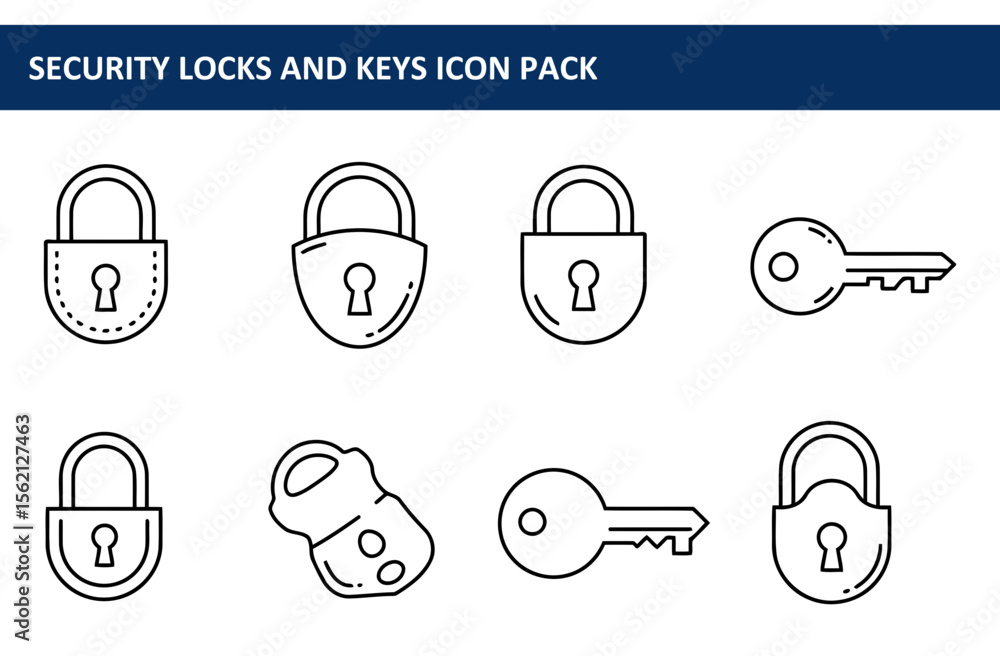 Poster security lock and key icons in a simple, outline style. flat design lock and key illustrations for s