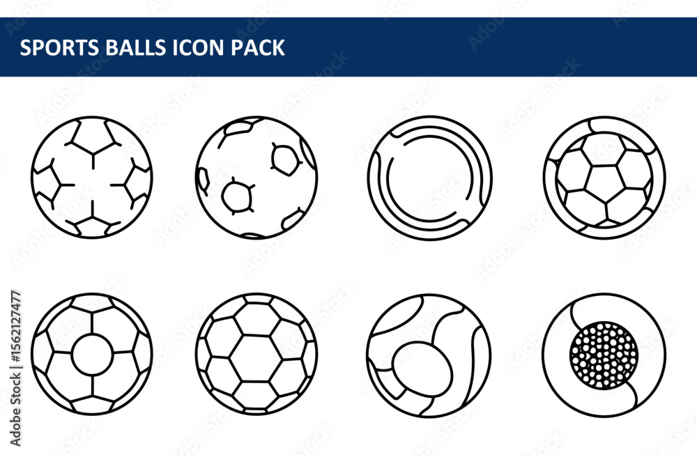 Poster sports ball icons in various styles displayed in a flat lay format. simple line drawings of differen