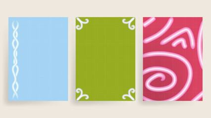 Template Set with Doodle Border Vector in Pink, Green, Blue