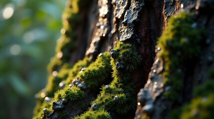 A detailed macro shot of lush green moss growing on the textured bark of a tree in the forest. A symbol of age, nature, and a thriving ecosystem.