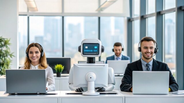 A modern office scene with two smiling customer service agents and a friendly robot assistant, all wearing headsets and working on laptops in a bright, glass-walled space. - Powered by Adobe