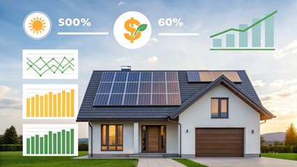 Modern house with solar panels on the roof, surrounded by graphs indicating energy efficiency, savings, and growth in renewable solar power usage.