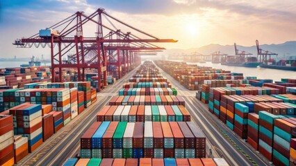A busy port at sunset with rows of colorful shipping containers and large cranes used for loading and unloading cargo ships.