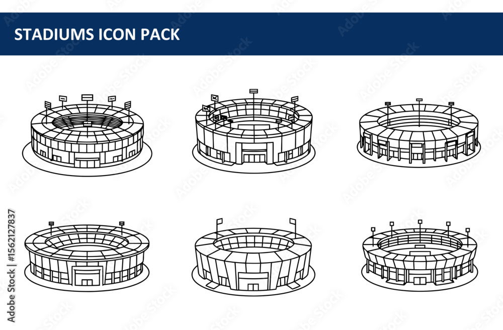 Poster collection of various stadium icons in a simple line drawing style. different stadium designs, showc