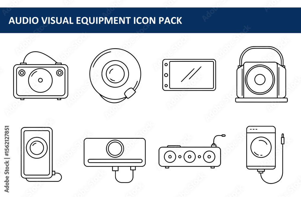 Aufkleber audio visual equipment icons in a line art style. collection of various audio visual devices in a si