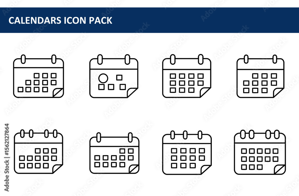Poster calendar icons in various styles displayed against a plain background. simple, outlined calendar ico