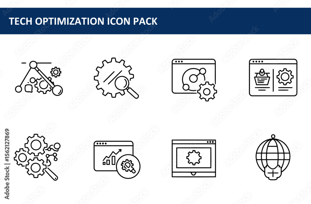 Poster technical optimization icons in various configurations. simple, line art icons for technical analysi
