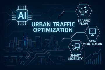 Illustration depicting urban traffic optimization with ai, data visualization, and smart mobility concepts