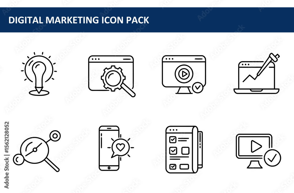 Poster digital marketing icons depicting various tools and processes. collection of graphic elements for ad
