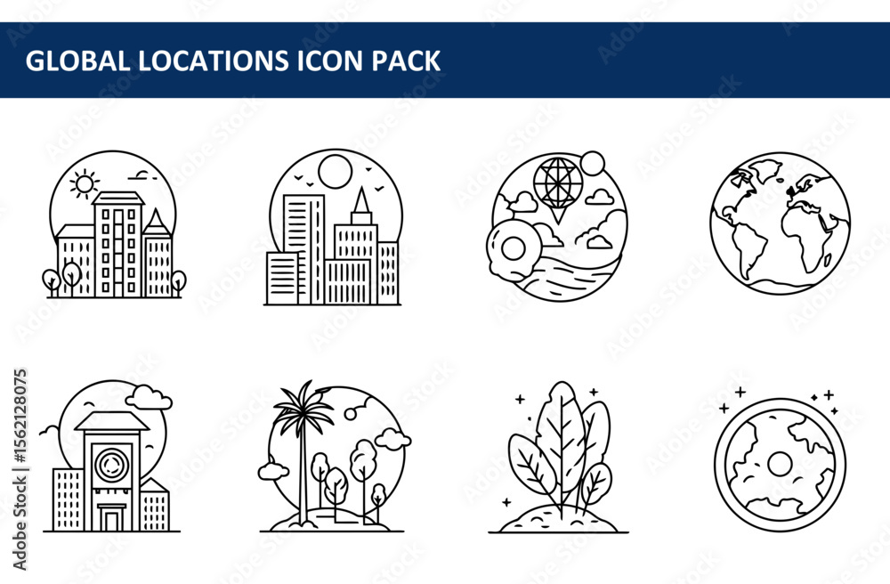Poster urban skyline depictions with various global locations in outline style. simple graphic illustration