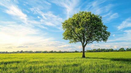 Fototapeta premium A lone tree stands in a vast, green field under a clear blue sky with scattered clouds.