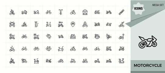 Bike modern icon set. Outline icons in linear style. Editable stroke. Vector collection. Vehicle icon set. Contain linear sign transport, motor, vehicle, transportation and more.
