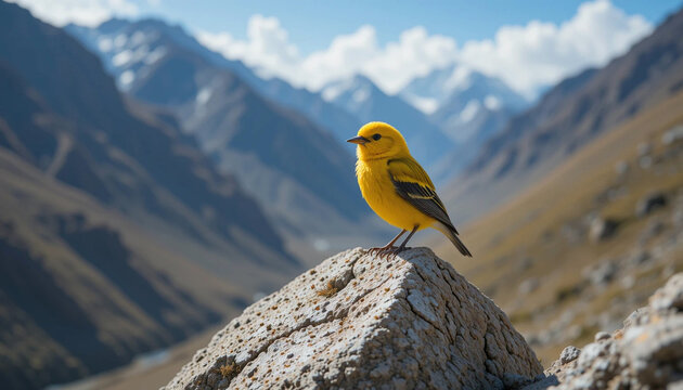 Vivid yellow bird acomodada a roca en la encantadora Kaghan Valley de Pakistan, enmarcada por majestuoso paisaje monta&ntilde;oso.