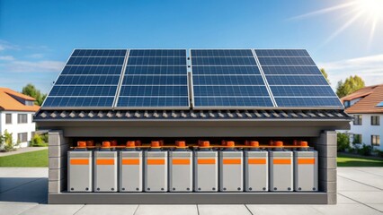 Solar panels installed on a rooftop with battery storage units below, capturing sunlight for renewable energy in a suburban neighborhood on a clear sunny day.