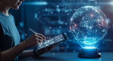 Woman using tablet, digital globe