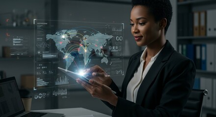 Woman using tablet with global data overlay