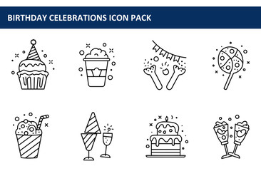 Birthday celebration icons in a simple line art style. Outlined food and party items for a celebration.