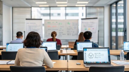 People attend a classroom or training session, working on laptops in a modern, bright room with whiteboards and large windows.