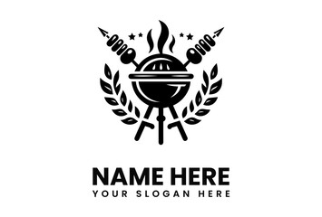 A stylized black and white logo featuring a barbecue grill with skewers and laurel leaves.