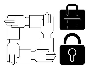 Four hands interlocked forming a square, a secure lock, and a business briefcase. Ideal for themes thumbs up collaboration, security, trust, teamwork, business partnership, reliability and unity