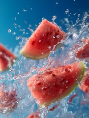 Watermelon slices splashing in water against a blue background