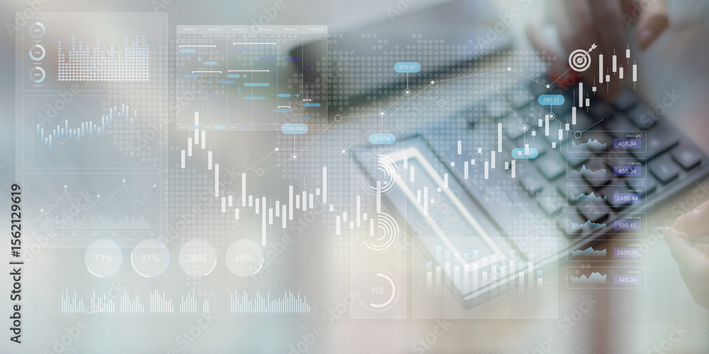 Aufkleber stock market data visualization and financial trading analytics dashboard on touchscreen tablet.