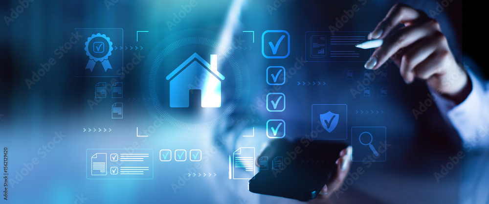 Poster digital property certification and real estate approval workflow interface on touchscreen.