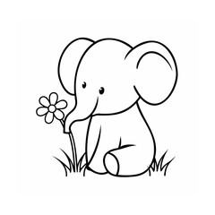 A sitting elephant with a flower grass on a animal nature