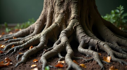 The intricate and powerful root system of an ancient tree gripping the earth. A concept of stability, foundation, strength, and connection to nature.