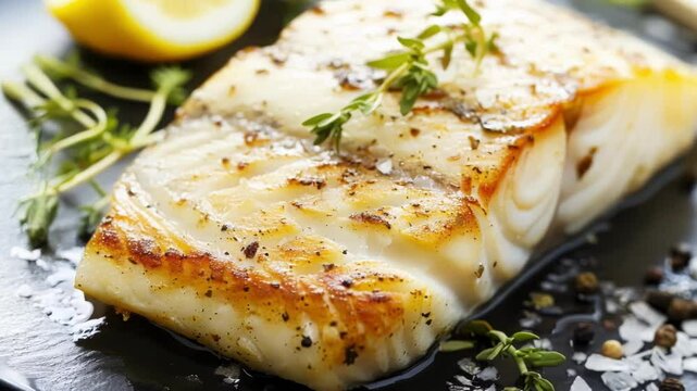 Grilled fish fillet seasoned with fresh thyme, pepper and salt served on a black slate plate. A slice of lemon is visible in the background