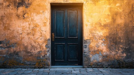 An old, weathered door with a blue door and a yellow wall in the background.