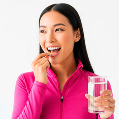Close up of smiling young beautiful woman wearing gym shirt putting colorful capsule in mouth with one hand and holding glass of water in other, on white background