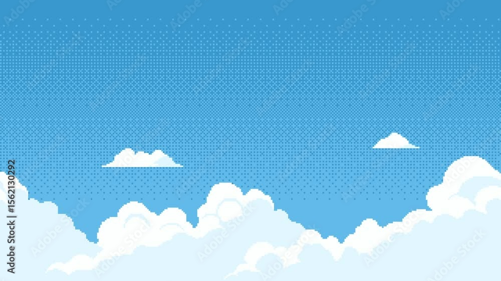 Aufkleber Seamless blue sky with pixelated floating clouds. Game level background for arcade video animation.