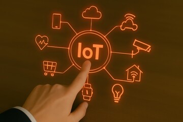 A hand touches a glowing orange iot icon surrounded by various smart devices and symbols representing the internet of things