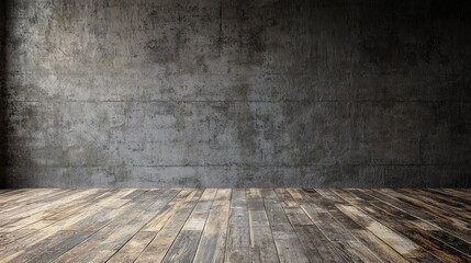 A concrete wall with a wooden floor in a room with a dark, moody atmosphere.