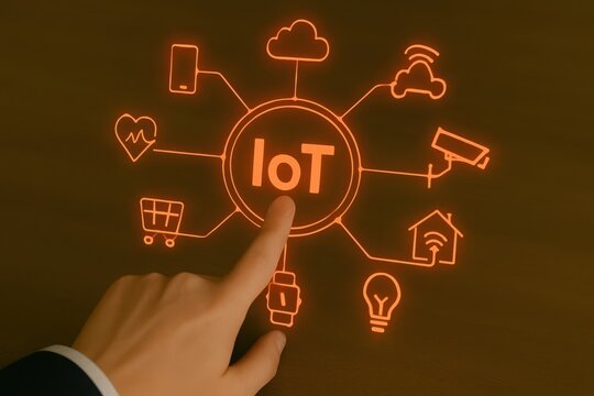 A hand touches a glowing orange iot icon surrounded by various smart devices and symbols representing the internet of things