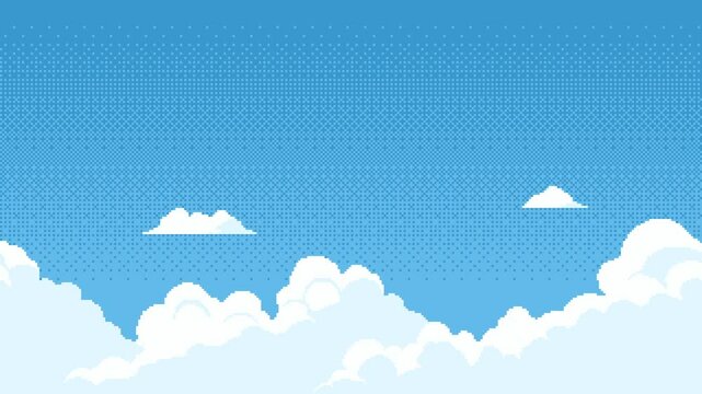 Seamless blue sky with pixelated floating clouds. Game level background for arcade video animation.