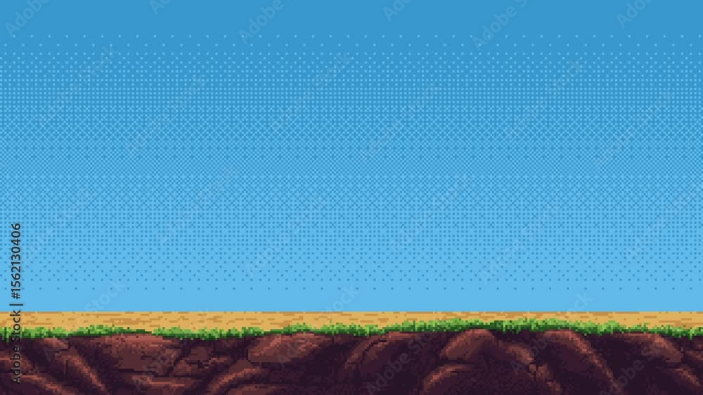 Poster Seamless looping pixel art terrain with sky background for game level. Earth landscape animation.