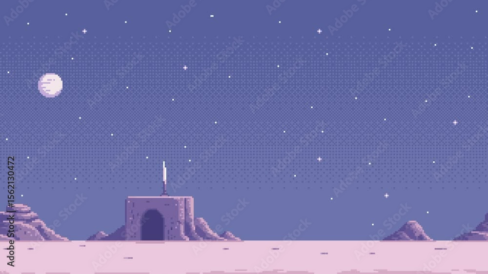 Poster pixel art game level background animation of a night sky with a slowly moving moon over an alien lan